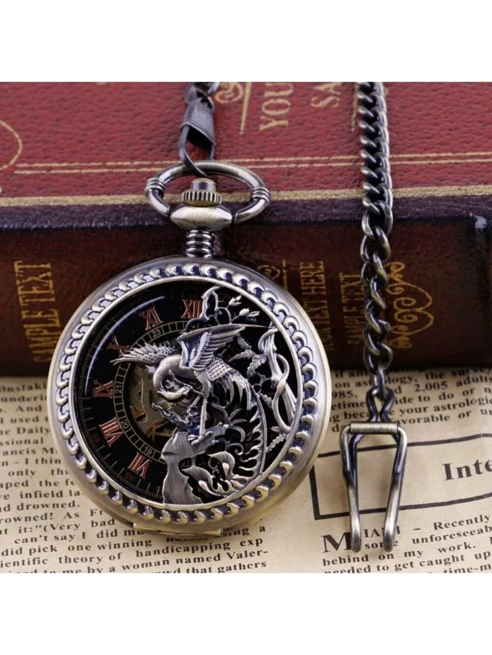 Men's Gold Bronze Skeleton Roman Numerals Hollow Mechanical Round Pocket Watch